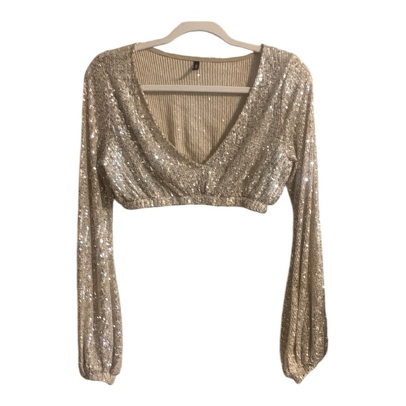 Sequins Cropped Low V-Neck balloon sleeves Women’s Party Top size M - Picture 1 of 13
